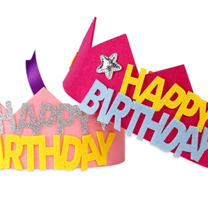 Detail of pink felt birthday crown headbands with glittery Happy Birthday letters