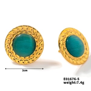 Detail of round green natural stone stud earrings with gold textured edge and size specs