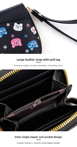 Detailed view of women's leather wallet with cartoon bear print and inner card compartments