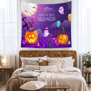 Close-up of purple Halloween tapestry with cute ghosts, pumpkins and festive slogan