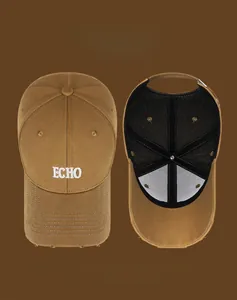 Detail of khaki distressed baseball cap with 3D ECHO embroidery and vintage frayed brim