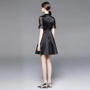 Elegant black satin dress with lace sleeves and high waist slim fit shown from back view