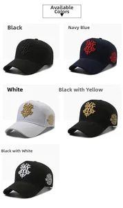 Detail view of high crown baseball caps with 3D gothic embroidery in five color options