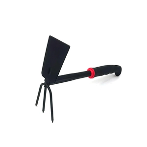Dual-purpose gardening tool with a matte black metal hoe and a three-prong rake head