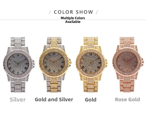 Four iced out watches in silver gold and rose gold with Roman numerals dial