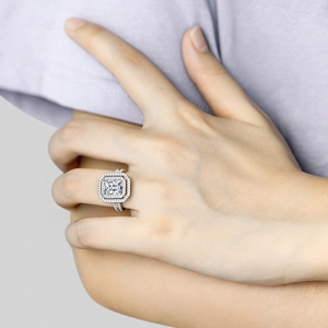 Detailed view of luxury S925 silver ring featuring a large princess cut square center stone