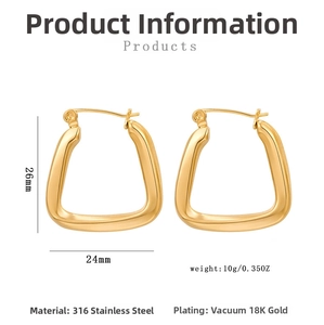 Detail showing dimensions of 26mm x 24mm for these gold 316L stainless steel U-shaped earrings