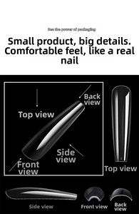 Detailed views of extra-long XXXL transparent coffin nail tips from multiple angles