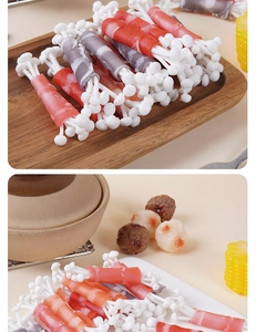 Detailed macro view of realistic beef and enoki mushroom rolls pet chew toy snacks