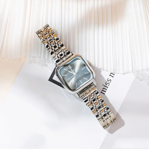 Elegant square silver stainless steel watch for women with a minimalist blue sunray dial