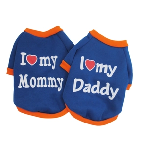 Blue dog fleece hoodies with Mommy and Daddy heart prints and orange trim