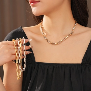 Detail showing gold and silver mixed chain link necklace worn and held by a model