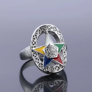 Polished silver stainless steel ring featuring Order of the Eastern Star colorful star logo