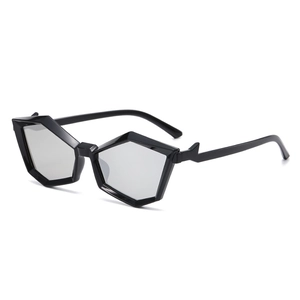 Black geometric polygon sunglasses for women with UV protection and grey lenses