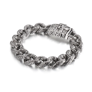 Men gothic antique silver stainless steel bracelet with skull clasp and floral engraving