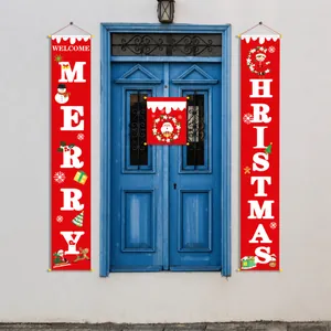 Three-piece festive Merry Christmas door banner set with Santa and Snowman graphics