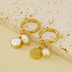 18K gold plated stainless steel hexagonal earrings with white shell and pearl pendants