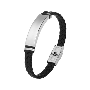 Men's retro punk braided leather bracelet with engravable stainless steel plate