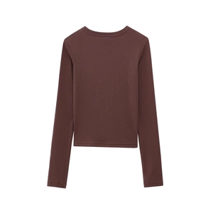 Detailed view of dark brown slim fit long sleeve modal t-shirt with crew neck design