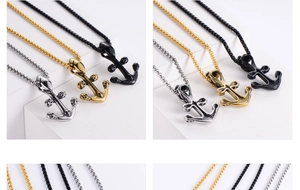 Detail of nautical anchor skull pendants in gold, silver and black punk style finishes