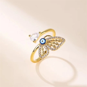 Gold butterfly open ring with colorful zircon, pear-shaped stone and devil eye detail