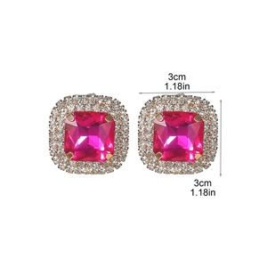 Detail view of square rose red gemstone earrings with white crystals and 3cm size guide