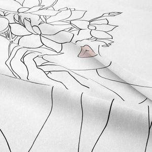Close-up of modern minimalist line art tapestry with fabric texture and female face print