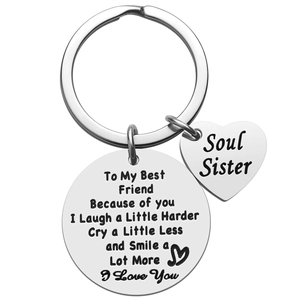 Polished stainless steel sister keychain with soul sister heart charm and friendship poem