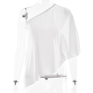 Elegant white one-shoulder slim fit top with asymmetrical sleeve on clear mannequin