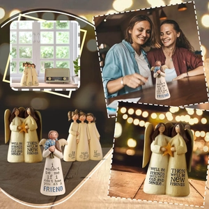 Detailed view of resin angel figurines with friendship quotes and sisterhood themes