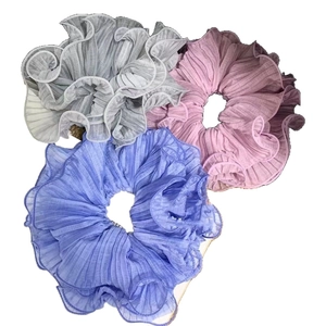 Three-piece pleated chiffon hair scrunchies set in grey, pink, and crystal blue colors