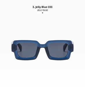 Detail view of jelly blue square frame sunglasses with dark grey lenses and C03 logo