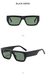 Detail view of rectangular black thick frame sunglasses with green lenses from front and side
