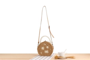 Détail du sac bandoulière rond en paille avec broderie florale et poignée en perles