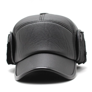 Winter faux leather baseball cap with fold-down earflaps and warm fleece lining for men