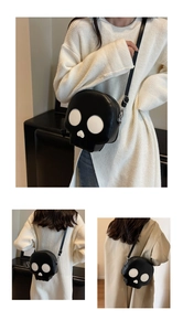 Multiple views of a gothic ghost crossbody bag showing the fit and size on a female model