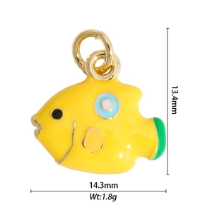 Detailed view of colorful enamel fish pendant with dimensions 13.4mm by 14.3mm