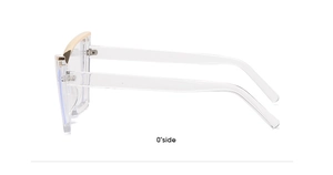 Side view detail of transparent cat-eye glasses frame with golden metal hinge accents