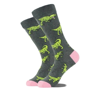 Calze di cotone alla moda con motivo a dinosauro in grigio, verde e rosa vivace