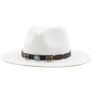 Detail of western straw hat featuring turquoise stone and wooden bead hatband