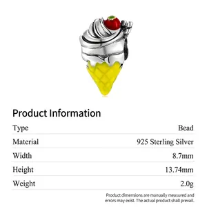 S925 sterling silver ice cream cone charm with colorful enamel for DIY bracelets