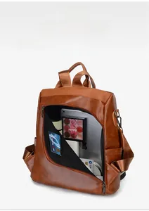 Detailed back view of brown leather backpack showing secure anti-theft zipper opening