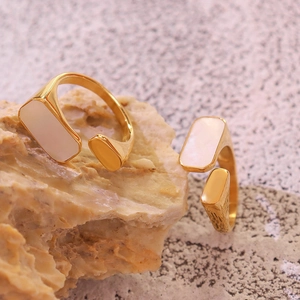Vintage 18K gold plated stainless steel open ring with rectangular white shell inlay