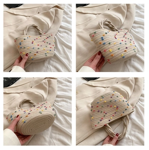 Multi-angle views of straw bucket bag with colorful 3D pom-poms and woven handle