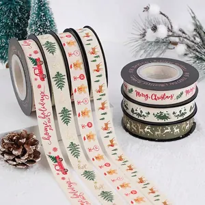 Christmas Printed Ribbon Polyester Cotton Grosgrain Webbing For Gift Wrapping DIY Craft Decor Reindeer Tree Pattern Festive