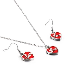Parure de bijoux en acier avec pendentif cœur émail rouge et inscription Love