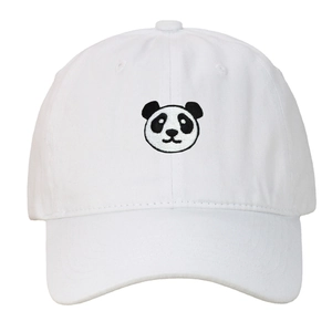 Classic white baseball cap featuring a detailed panda face embroidery on a cotton twill fabric
