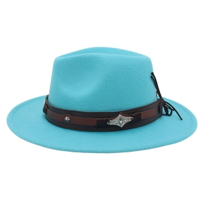 Close-up of turquoise felt fedora with vintage silver-carved metal buckle leather band