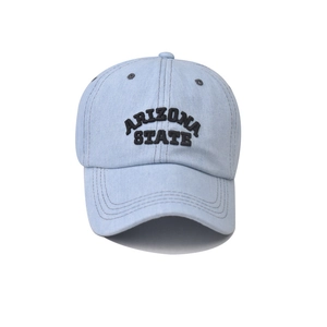 Detailed close-up of Arizona State embroidery on light blue denim baseball cap