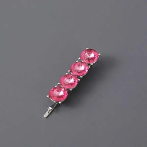Elegant silver metal hair clip with four linear pink gemstones for women's hairstyle